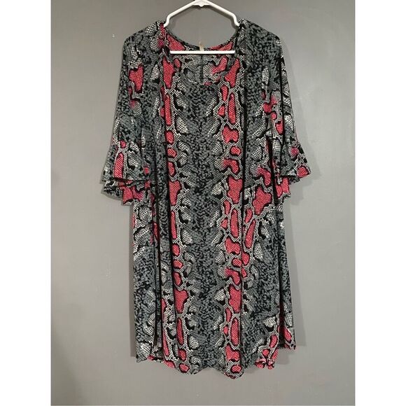 Boutique Red Pink Snake Print 3/4 Flutter Sleeve Dress With Pockets 2X - Picture 1 of 6